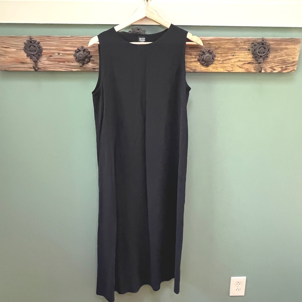 Eileen Fisher Petite Black 100% Silk Sleeveless Shift Midi Dress PM 13BGC